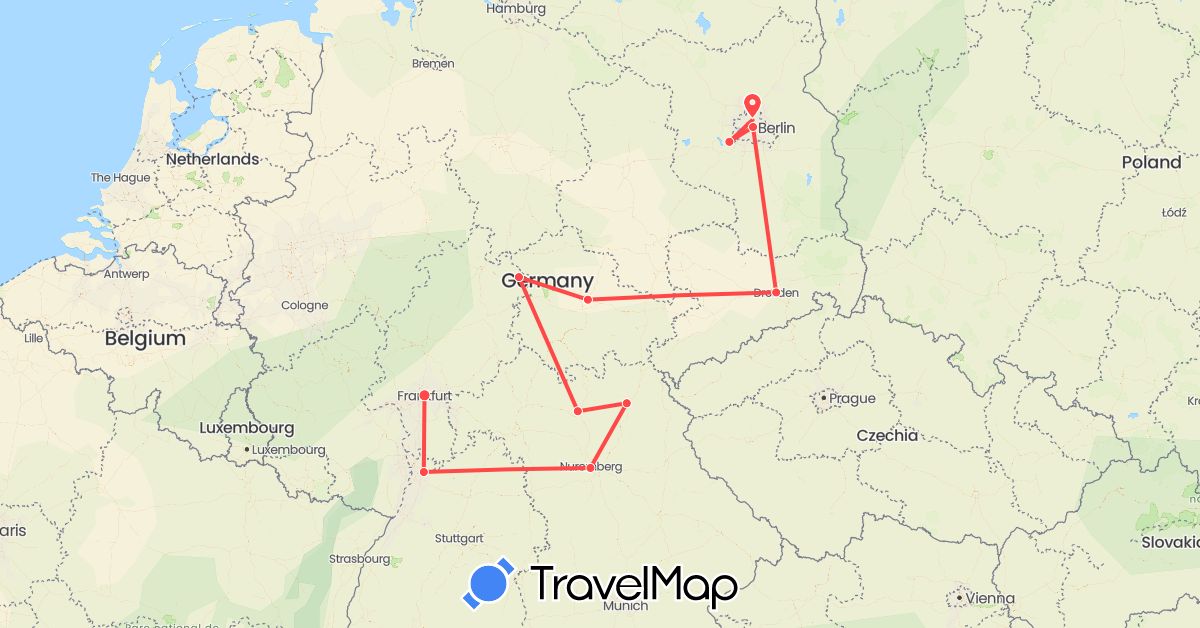 TravelMap itinerary: plane, hiking in Germany (Europe)